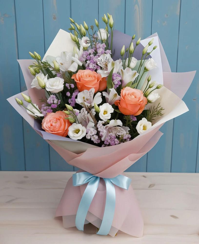 Букет цветов из: Лизиантусы, Розы, Альстромерии и Гипсофила в Кировской