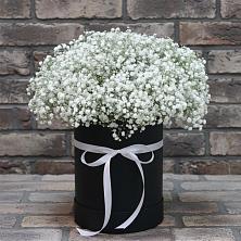 Цветочная композиция из Гипсофила в шляпной коробке в Кировской